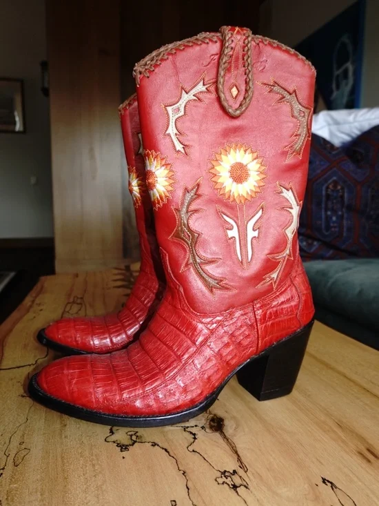 Frye Jennifer Estes Crocodile Western Boots Women 8B Red Exotic Cowboy Boot - Picture 5 of 14